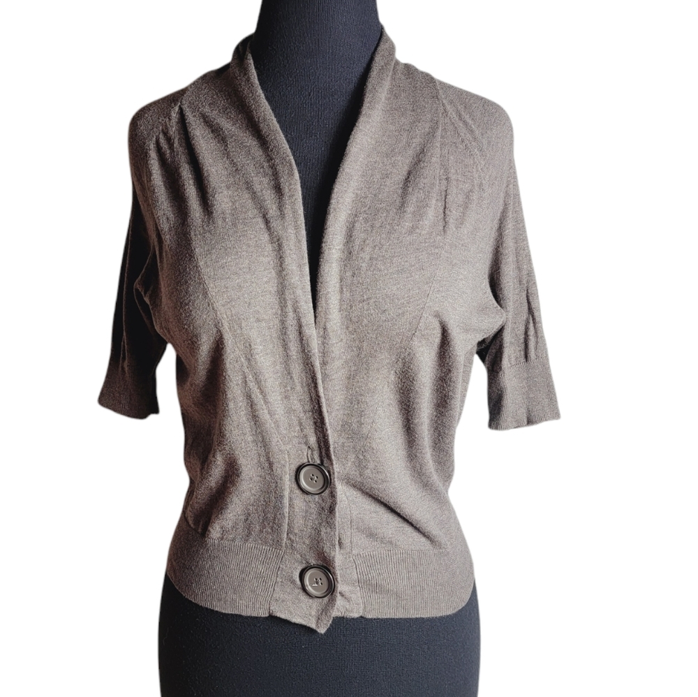 In Stitches tan heather cotton short sleeve cardigan eweater medium button front